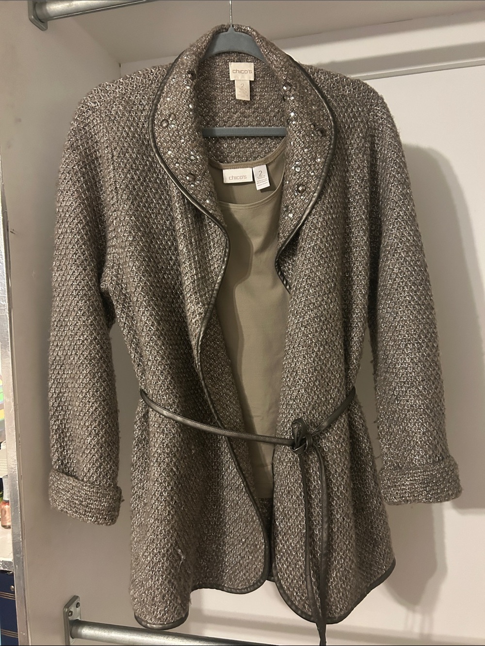 Chico's silver Textured Knit Belted Open-Front Jacket